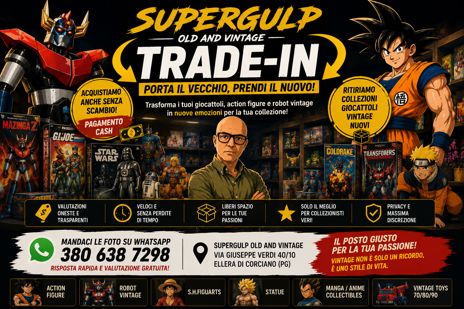 Locandina Supergulp Trade-in con personaggi anime, robot e fumetti, negozio di giocattoli vintage e testo promozionale.